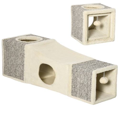 Tunnel per Gatti Pieghevole con Casette, Tiragraffi e Pallina in Peluche e Sisal, Crema
