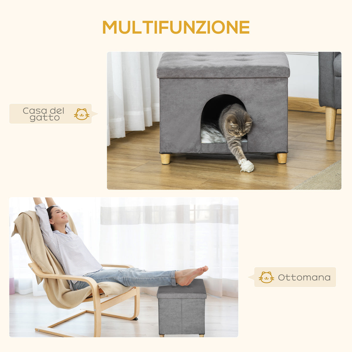 Casetta per Gatti Pouf Poggiapiedi Imbottito con Cuscino Rimovibile e Lavabile, Grigio