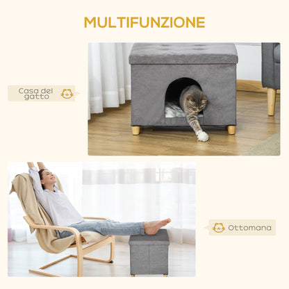 Casetta per Gatti Pouf Poggiapiedi Imbottito con Cuscino Rimovibile e Lavabile, Grigio