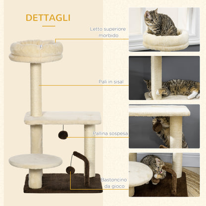 Albero Tiragraffi per Gatti con Palo in Sisal, Posatoio e Palline da Gioco, in Truciolato e Peluche, 44x38x81 cm