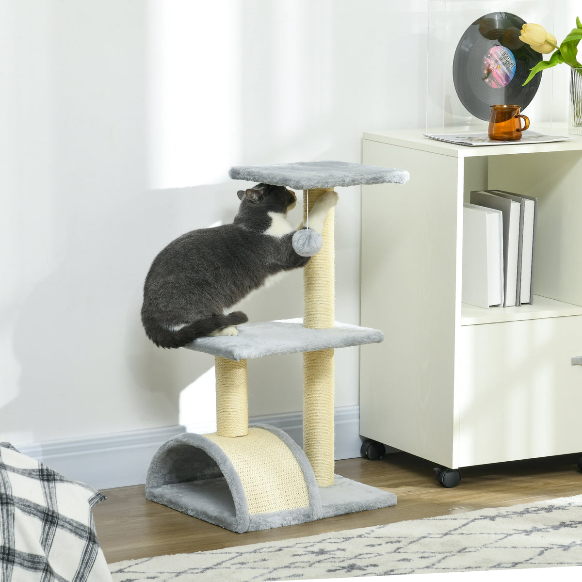Albero per Gatti a 3 Livelli con Tiragraffi, Peluche e Sisal, 40x35x72 cm, Grigio Chiaro