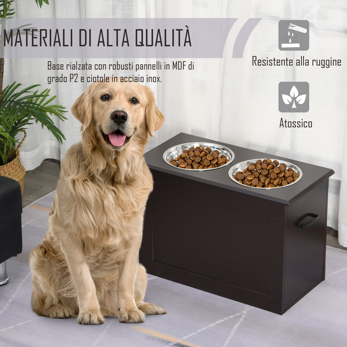 Ciotole Rialzate per Cani Grandi, Supporto Portaciotole in MDF con 2 Ciotole in Acciaio Inox, 60x30x41 cm, Marrone