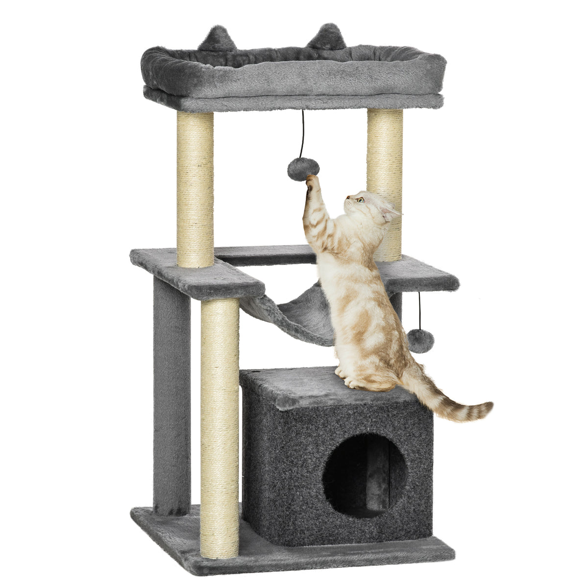 Albero Tiragraffi con Corde Sisal, Casetta e Amaca, Rivestimento Peluche e Feltro, Altezza 100cm, Grigio