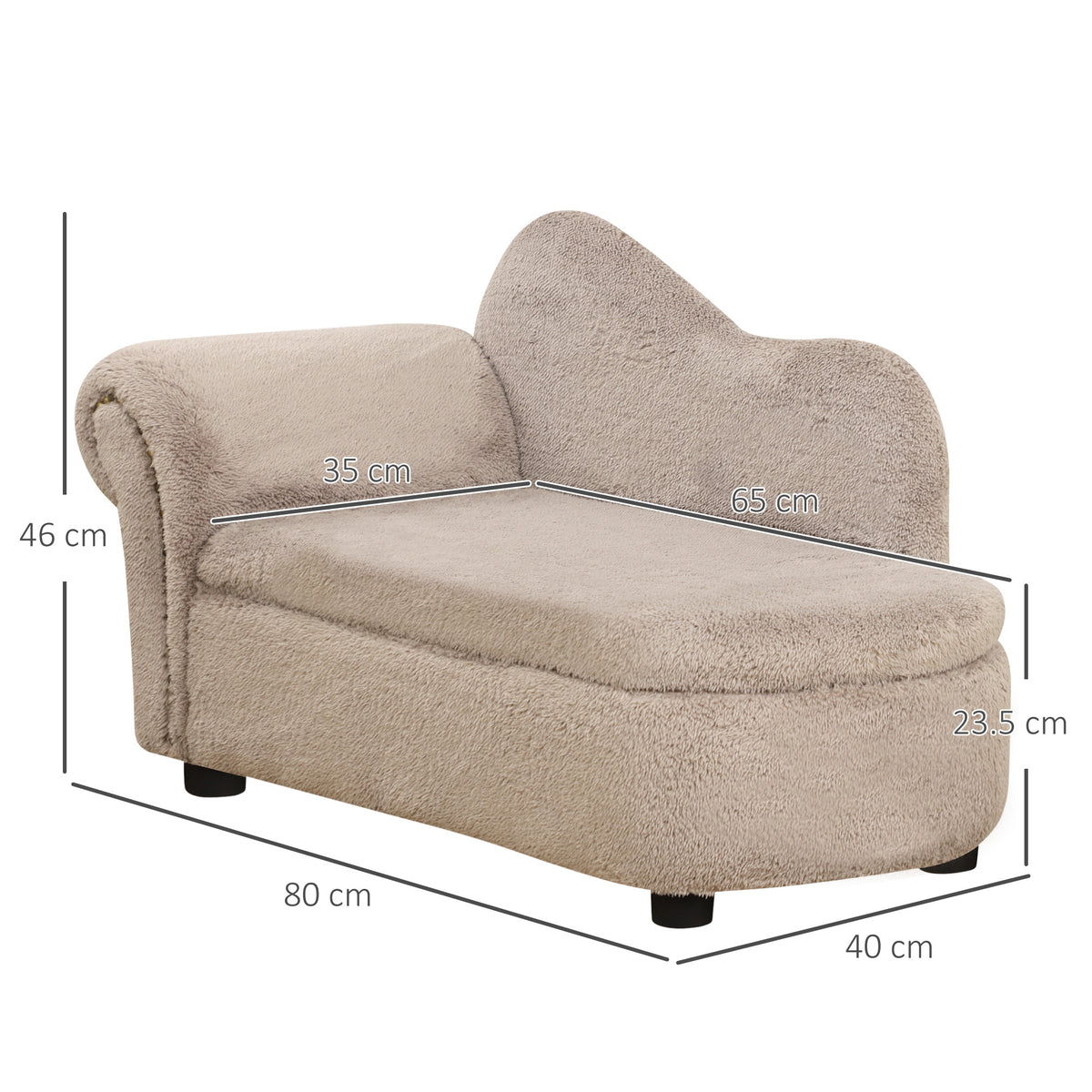 Divano per Cani Rialzato con Spazio Portaoggetti a Scomparsa, in Legno e Tessuto Vellutato, 80x40x46 cm, Beige
