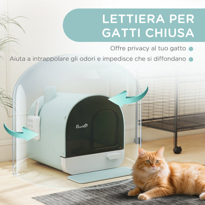 Lettiera per Gatti Chiusa con Filtri, Paletta e Vassoio, Struttura in PP, 43x44x47cm, Verde