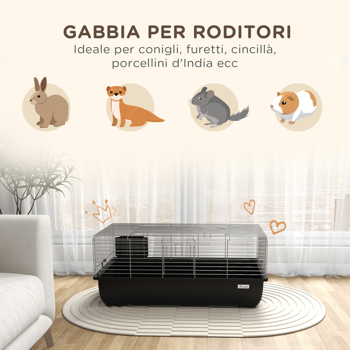 Gabbia per Conigli a 2 Porte con Vassoio Rimovibile, in Metallo e Plastica PP, 100x55x41 cm, Nero e Argento