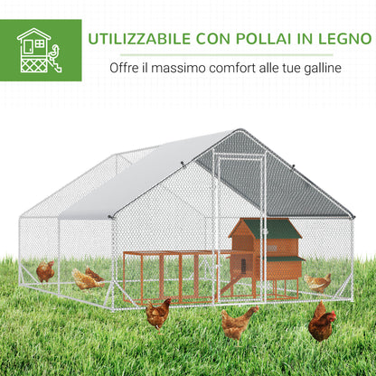 Pollaio da Giardino con Telaio Zincato, Copertura Impermeabile e Rete Esagonale, 3x8x2 m, Argento