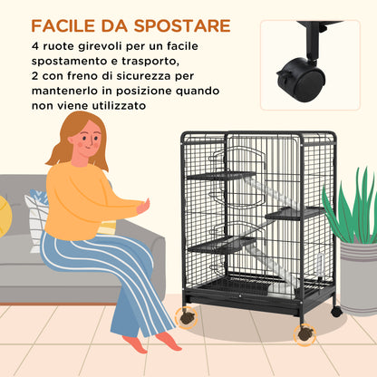 Gabbia per Piccoli Animali e Piccoli Roditori con Ruote, Gabbietta per Conigli e Cincillà con 3 Rampe e 3 Piattaforme, Ciotola e Bottiglia, 61.5x44x95 cm, Nero