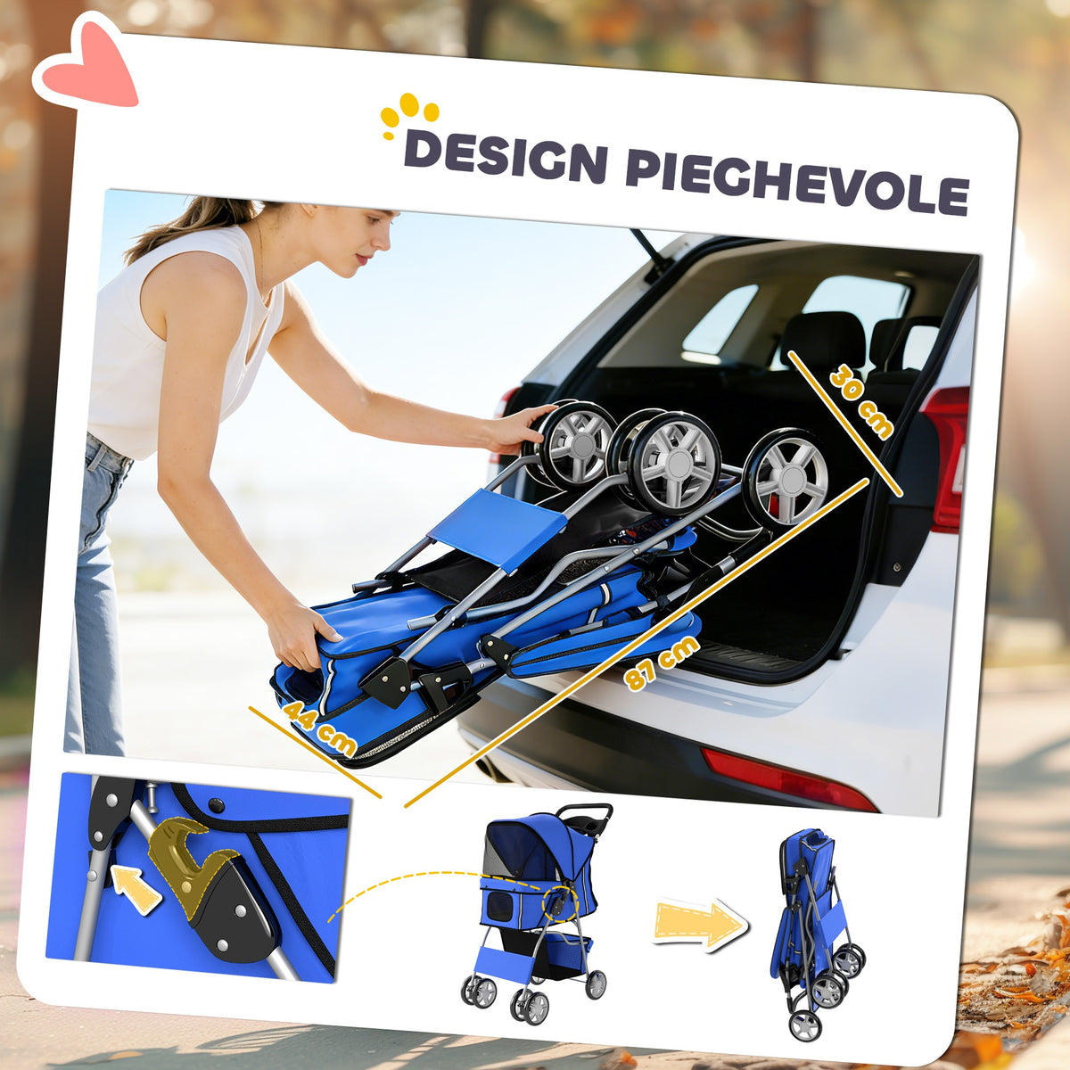 Passeggino per Cani Pieghevole con Copertura Antipioggia, Ruote Girevoli e Cuscino Lavabile, Blu