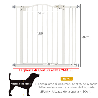 Cancelletto per Cani Estensibile con 2 Blocchi e Chiusura Automatica, in Metallo e Plastica, 74-87x78 cm, Bianco