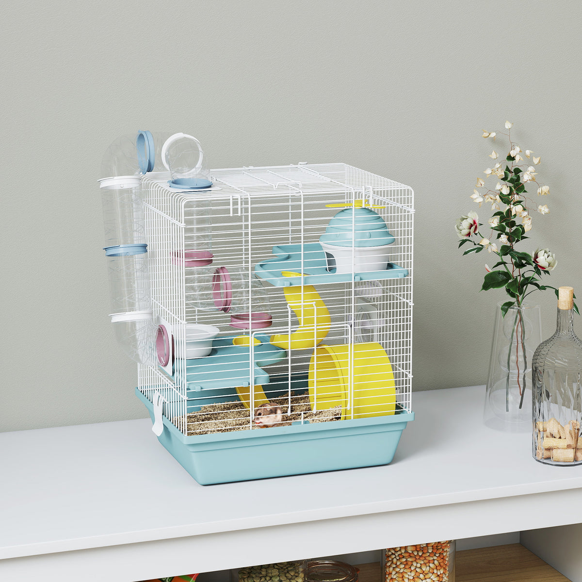 Gabbia per Criceti a 3 Livelli e 12 Tubi con Casetta, Rampa, e Accessori, in Metallo e Plastica, 34.5x27.5x41 cm, Grigio