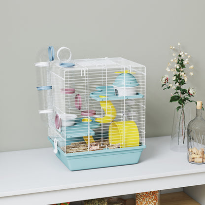 Gabbia per Criceti a 3 Livelli e 12 Tubi con Casetta, Rampa, e Accessori, in Metallo e Plastica, 34.5x27.5x41 cm, Grigio