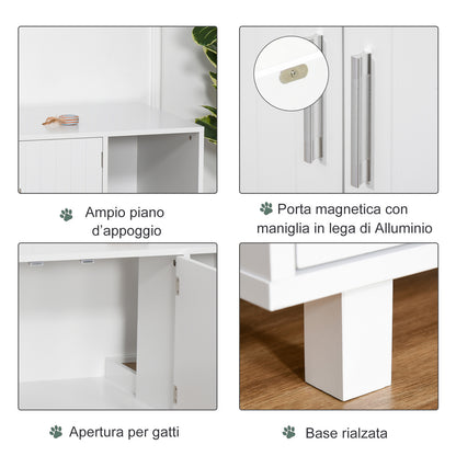 Mobile per Lettiera Gatti in Legno con 2 Ante e Apertura Laterale con Tiragraffi, Bianco