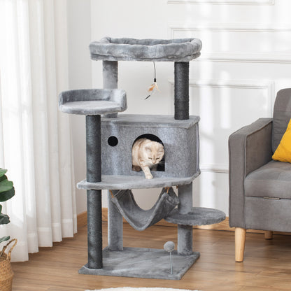 Albero Tiragraffi per Gatti con Palo, Casetta, Letto, Amaca e 2 Giochi in Legno e Peluche, 48x48x107 cm, Grigio