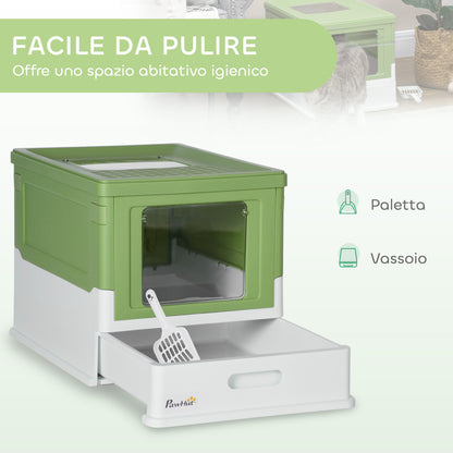 Lettiera per Gatti Chiusa con Paletta, Vassoio Estraibile e 2 Porte, 47.5x35.5x36.7cm, Verde Chiaro
