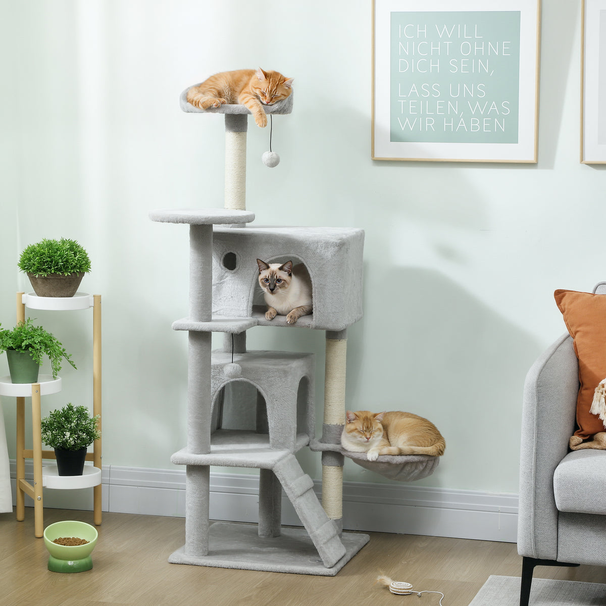 Albero Tiragraffi per Gatti Alto 140 cm con 2 Casette, Amaca, Lettino e Pali in Sisal, Grigio
