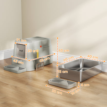 Lettiera per Gatti Chiusa da 80L con Vassoio Estraibile, in ABS e Acciaio Inox, 63x43x43 cm, Grigio Chiaro