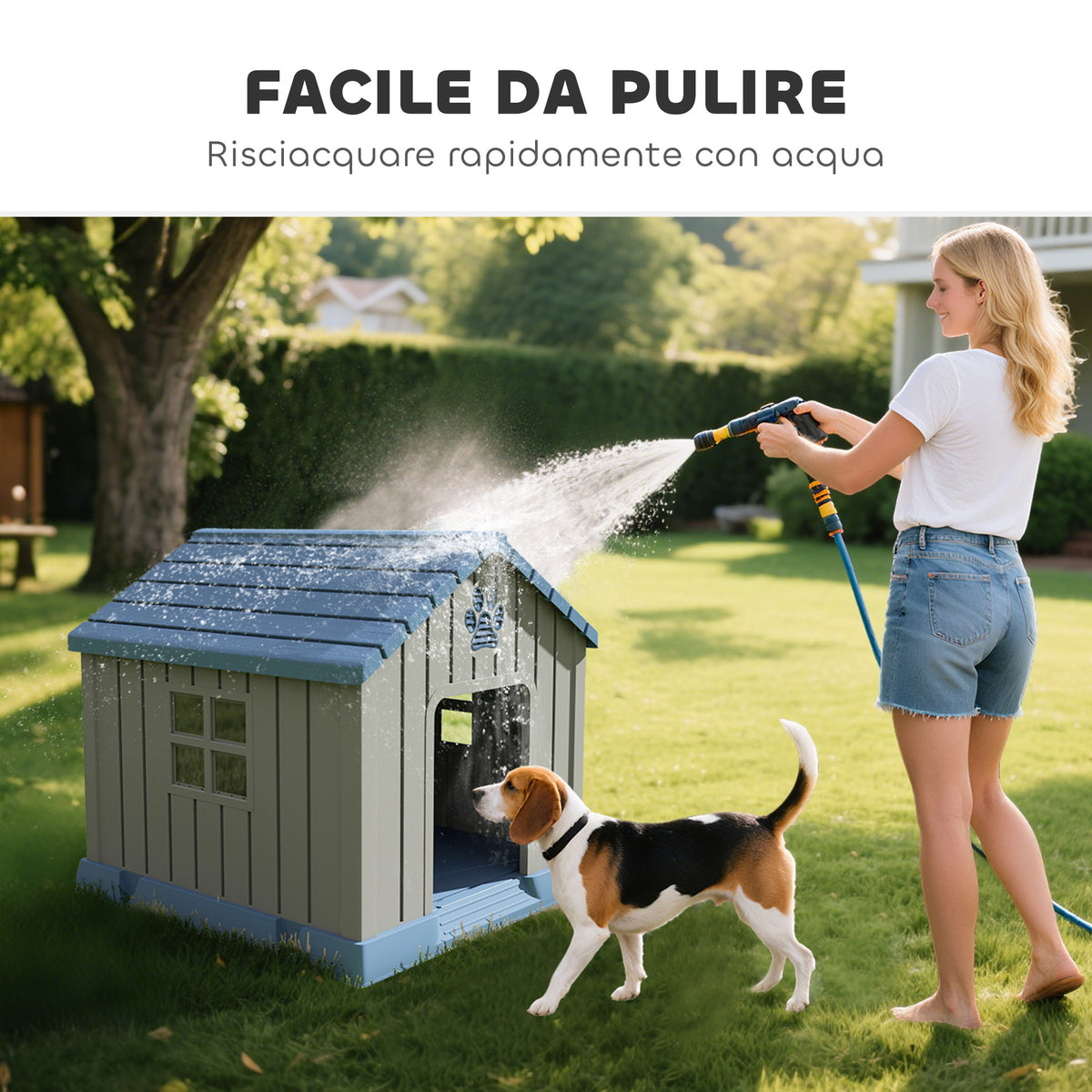 Casetta per Cani Taglia Media da Esterno Impermeabile con Base Rialzata e Finestre, 85x79x82 cm, Grigio