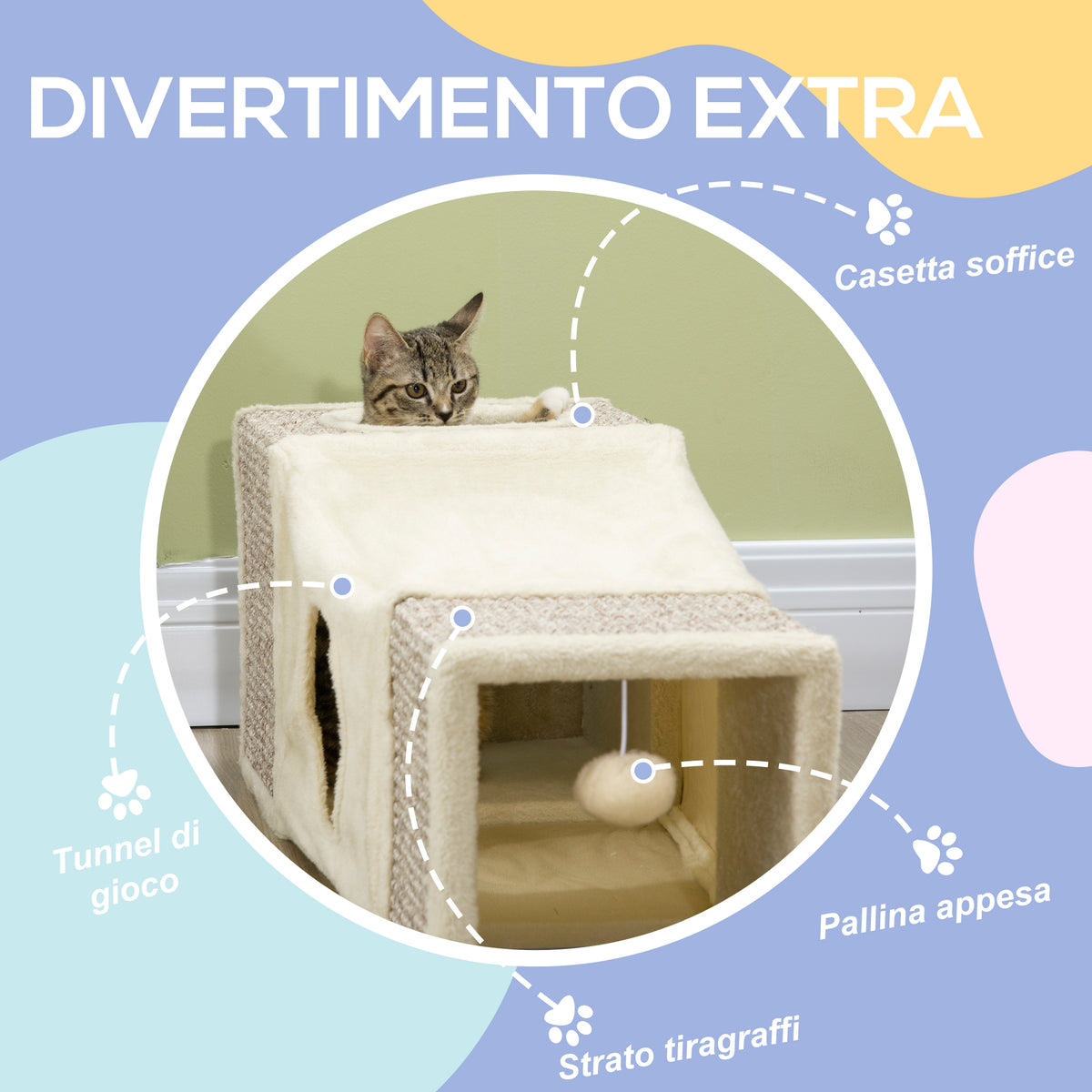 Tunnel per Gatti Pieghevole con Casette, Tiragraffi e Pallina in Peluche e Sisal, Crema