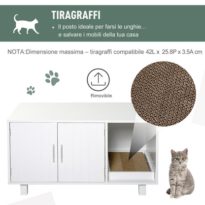 Mobile per Lettiera Gatti in Legno con 2 Ante e Apertura Laterale con Tiragraffi, Bianco
