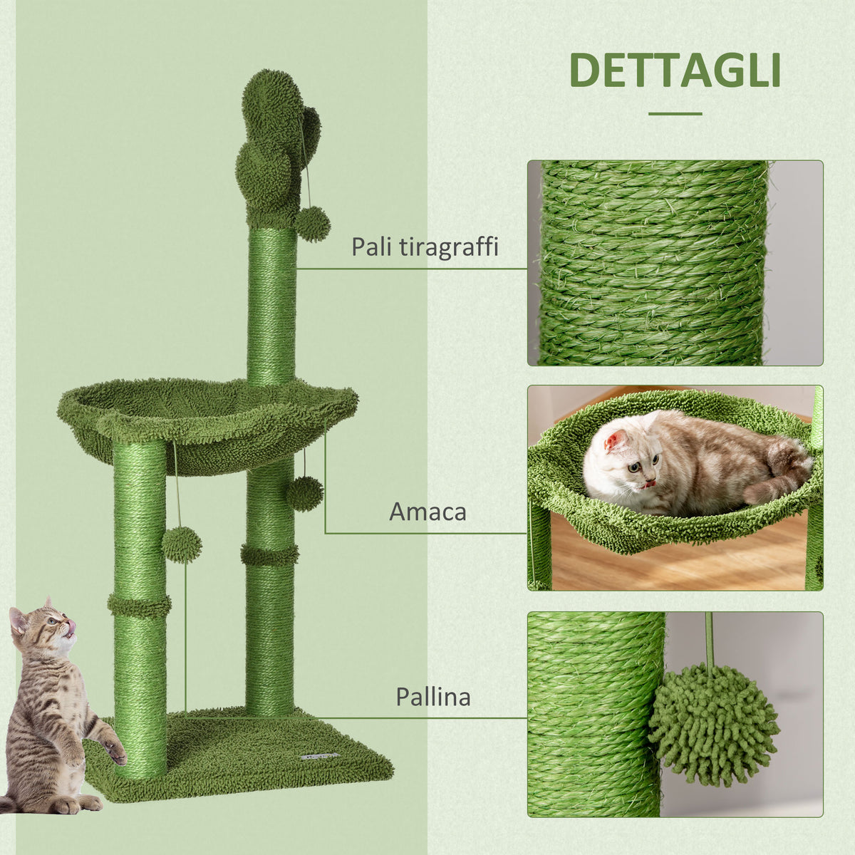 Albero Tiragraffi per Gatti fino 4.5kg a Forma di Cactus con Palline e Amaca, 40x40x96cm - Verde