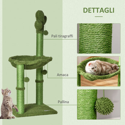 Albero Tiragraffi per Gatti fino 4.5kg a Forma di Cactus con Palline e Amaca, 40x40x96cm - Verde