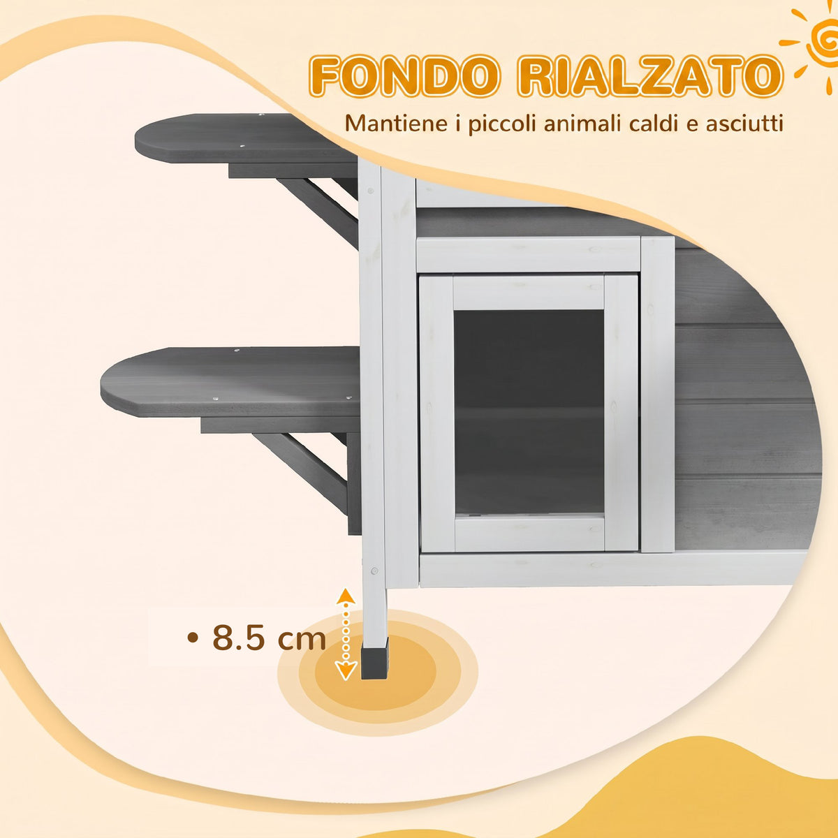 Casetta per Gatti da Esterno con Tetto Apribile, 2 Piani, 4 Ingressi, Base rialzata, in Legno di Abete, Grigio