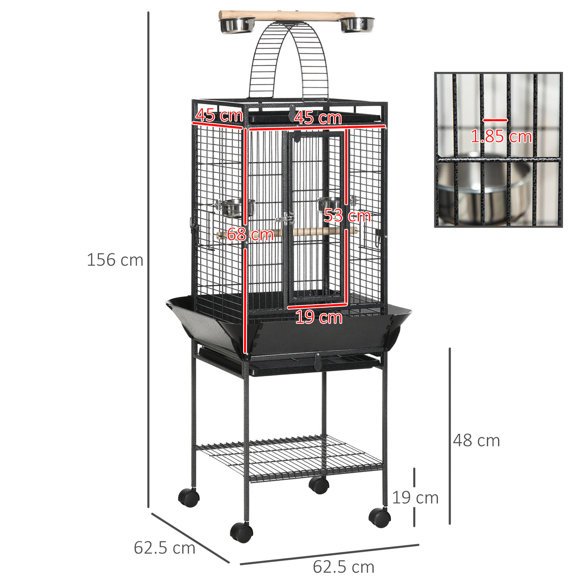 Gabbia per Pappagallini con 2 Posatoi e Scala ad Arco, in Acciaio, 62.5x62.5x156 cm, Grigia