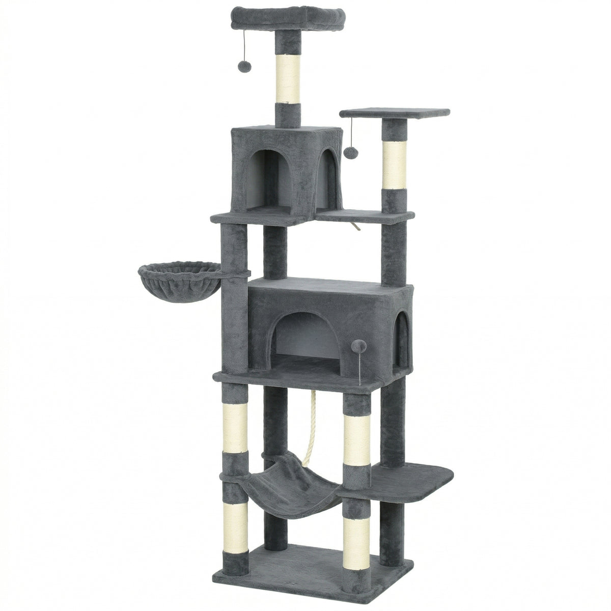 Albero Tiragraffi per Gatti Alto 202 cm con 6 Pali in Sisal, 2 Casette, 2 Amache e Lettino, Grigio