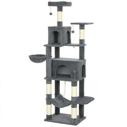 Albero Tiragraffi per Gatti Alto 202 cm con 6 Pali in Sisal, 2 Casette, 2 Amache e Lettino, Grigio