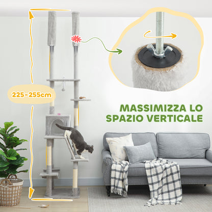Albero Tiragraffi a Soffitto con Altezza Regolabile 225-255 cm con Casetta e Amaca, Grigio Chiaro