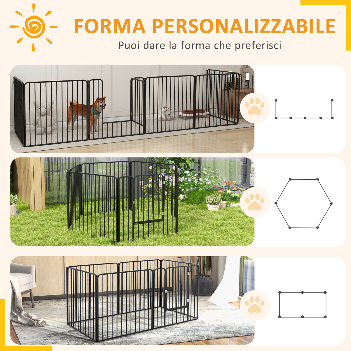 Recinto per Cani a 6 Pannelli Modulabili da Interno ed Esterno, in Acciaio, 164x83x80 cm, Nero