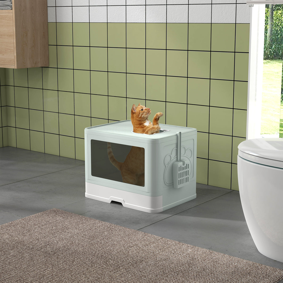 Lettiera per Gatti Chiusa con Coperchio e Doppia Entrata, Cassetto Estraibile, Paletta e Spazzola, Verde