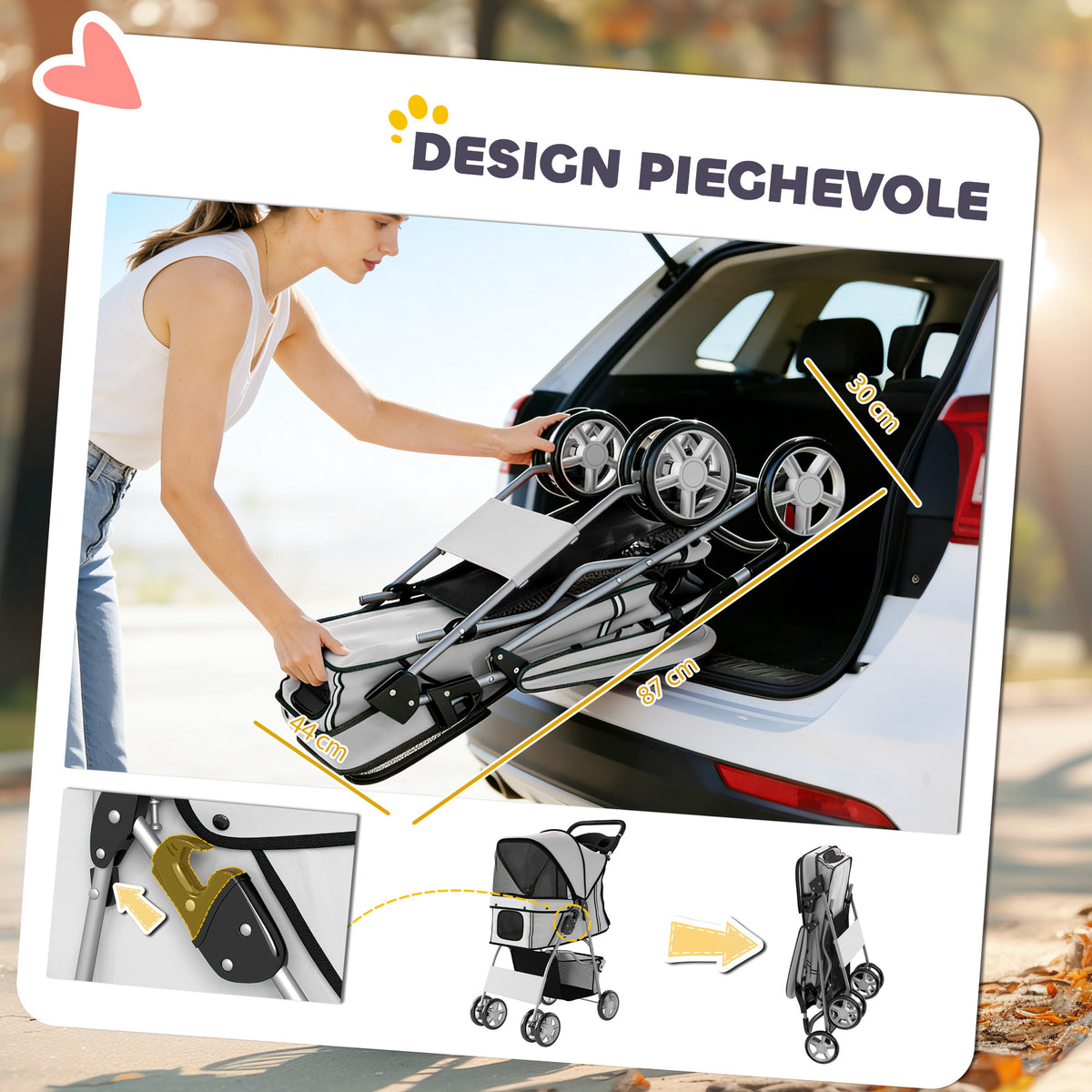 Passeggino per Cani Pieghevole con Copertura Antipioggia, Ruote Girevoli e Cuscino Lavabile, Grigio
