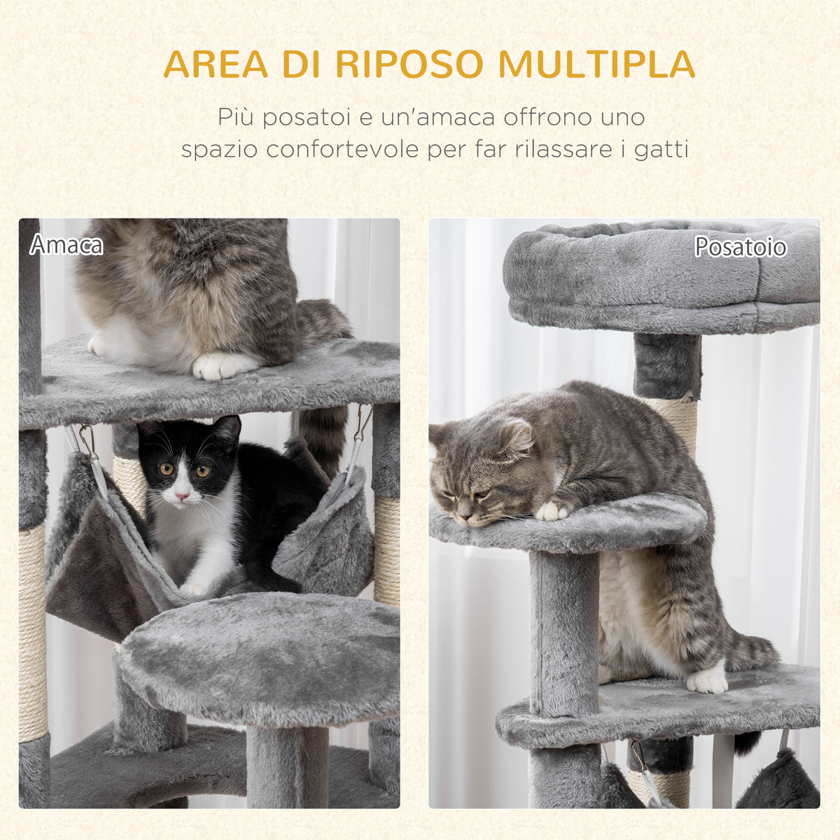 Albero Tiragraffi Giocattolo per Gatti a 4 Livelli con Amaca Cuccia Piattaforme in Peluche Sisal Naturale Altezza 132cm Grigio