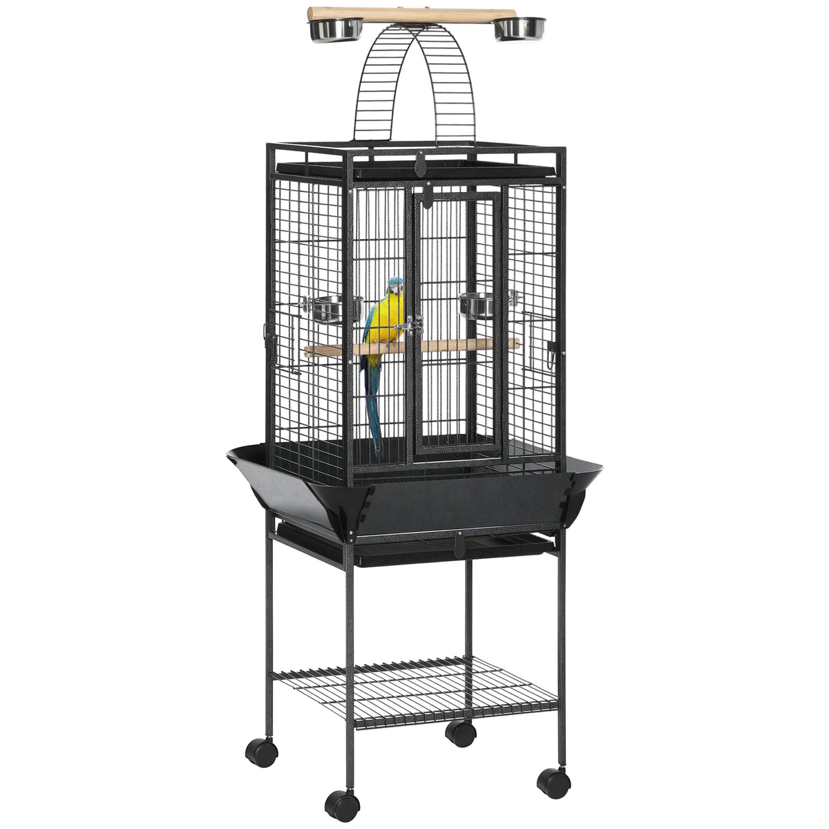 Gabbia per Pappagallini con 2 Posatoi e Scala ad Arco, in Acciaio, 62.5x62.5x156 cm, Grigia