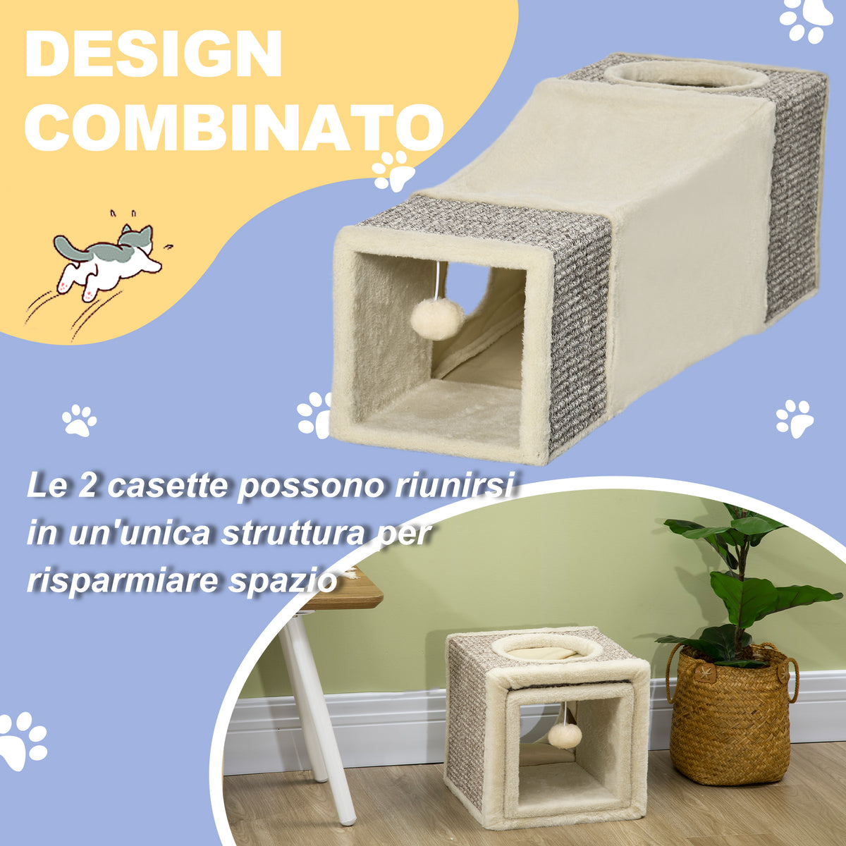 Tunnel per Gatti Pieghevole con Casette, Tiragraffi e Pallina in Peluche e Sisal, Crema