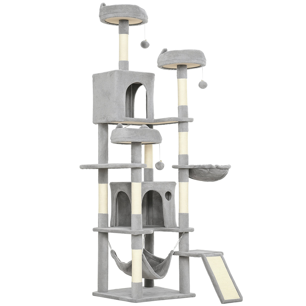Albero Tiragraffi per Gatti con Scala, 2 Amache, 3 Posatoi, 2 Casette e 3 Piattaforme, 48x48x192 cm, Grigio e Crema