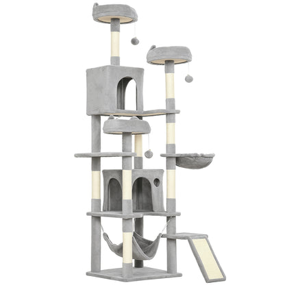 Albero Tiragraffi per Gatti con Scala, 2 Amache, 3 Posatoi, 2 Casette e 3 Piattaforme, 48x48x192 cm, Grigio e Crema
