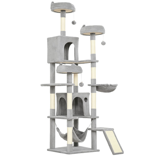 Albero Tiragraffi per Gatti con Scala, 2 Amache, 3 Posatoi, 2 Casette e 3 Piattaforme, 48x48x192 cm, Grigio e Crema