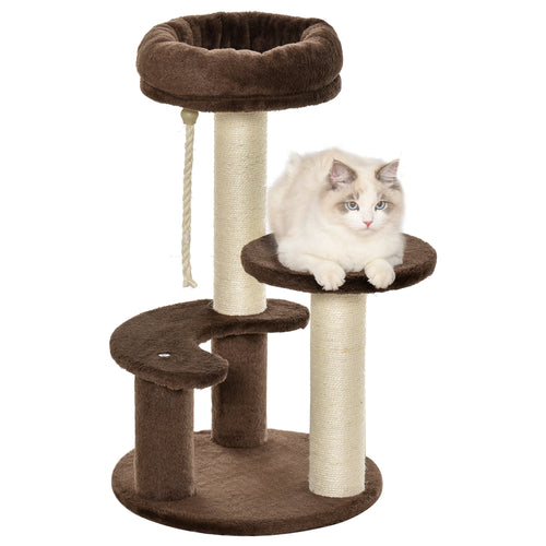 Albero Tiragraffi per Gatti a 3 Livelli con Lettino in Peluche e Pali in Sisal, 40x65 cm, Marrone