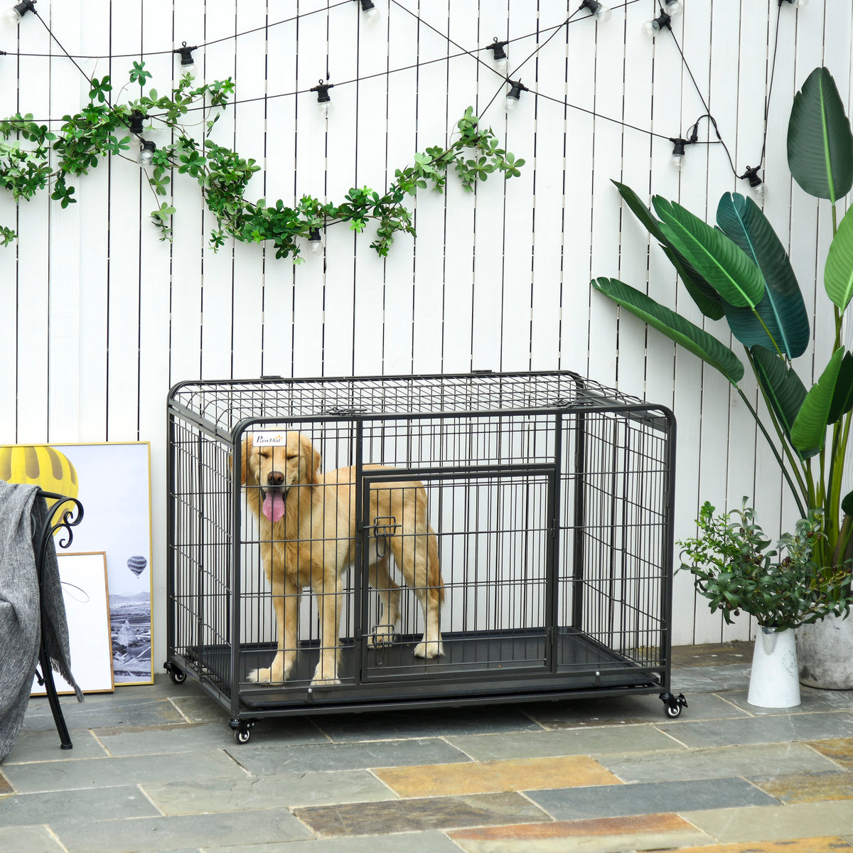 Kennel Gabbia per Cani Pieghevole a Doppia Porta con Blocco, Box per Cani con 4 Ruote con Freno e Fondo Rimovibile, 125x76x81cm, Grigio Scuro