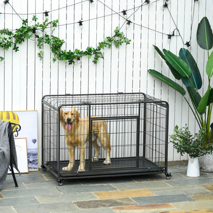 Kennel Gabbia per Cani Pieghevole a Doppia Porta con Blocco, Box per Cani con 4 Ruote con Freno e Fondo Rimovibile, 125x76x81cm, Grigio Scuro