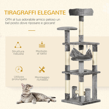 Albero Tiragraffi Giocattolo per Gatti a 4 Livelli con Amaca Cuccia Piattaforme in Peluche Sisal Naturale Altezza 132cm Grigio