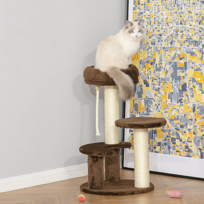 Albero Tiragraffi per Gatti a 3 Livelli con Lettino in Peluche e Pali in Sisal, 40x65 cm, Marrone
