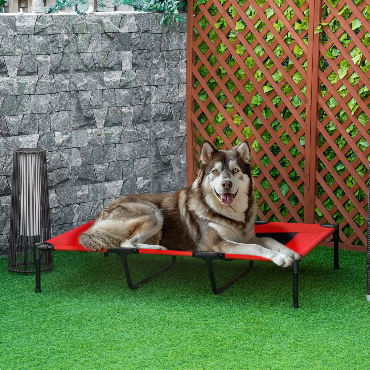 Lettino per Cani 50kg max Rialzato con Borsa da Viaggio, in Metallo e Tessuto Oxford, 122x92x23 cm, Rosso
