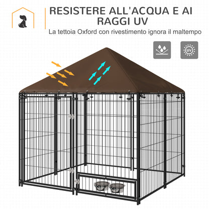 Recinto per Cani in Metallo e Tessuto Oxford con Porticina per Ciotole, 141x141x151 cm, Nero e Marrone