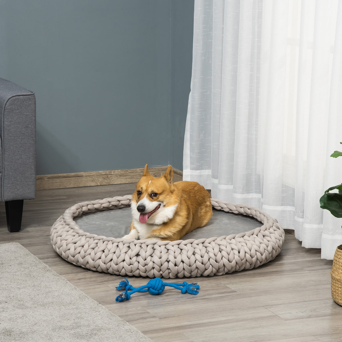 Cuccia per Cani e Gatti Rotonda, Rialzata e Lavabile in Cotone PP, Cuscino Imbottito, ?93x15cm, Grigia