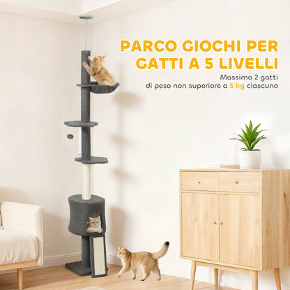 Albero per Gatti a Soffitto Alto 220-240 cm con Amaca, Casetta, Piattaforme a Fiore e Pali in Sisal, Grigio