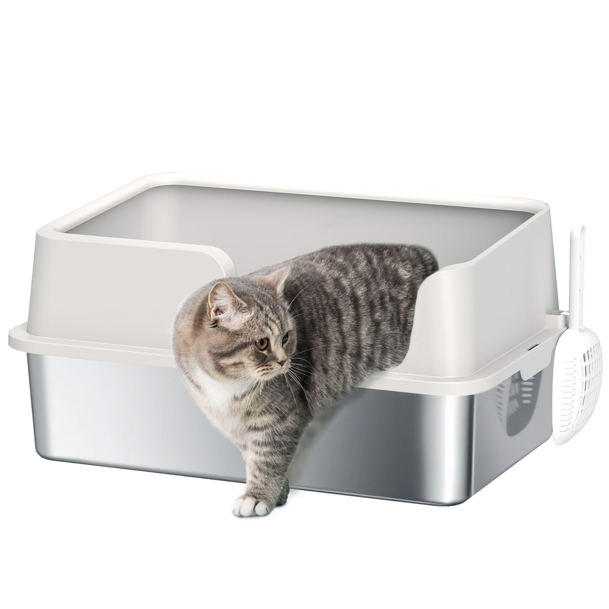 Lettiera per Gatti con Bordi Rialzati, Vassoio e Paletta, in Acciaio Inox e PP, 60x40x28 cm, Grigio Chiaro